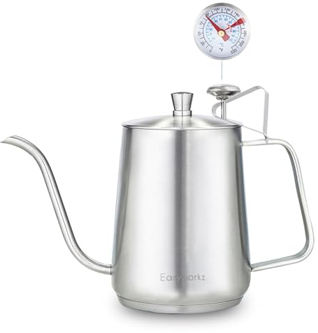 Easyworkz Bollitore per caffè a collo di cigno da 900 ml con termometro, caffettiera a filtro manuale in acciaio inossidabile con beccuccio lungo e stretto, adatta per fornelli a induzione