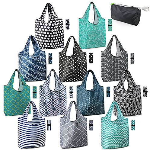 BeeGreen Reusable Grocery Bags Lightweight Durable Shopping Bags Washable Foldable 12 Pack Xlarge Classic Geometric Design Gift Tote Grocery Bags with Elastic Band and Separated Zipper Storage Pouch