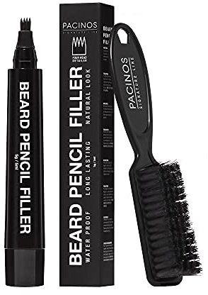 Pacinos Relleno de lápiz para barba, a prueba de agua, cobertura de larga duración y acabado natural, barba, bigote y cejas, punta de microtenedor para una aplicación sin costuras, incluye cepillo de
