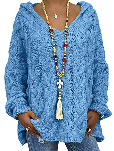 Pull A Capuche Femme V Neck Pull Tricot À Capuche Femme Gros Pull Grosse Maille Jacquard Oversize Femme Pullover Pulls Femmes Chandail Femme Sweater Pull Over Tricoté Grande Taille Hoodies Bleu 2XL