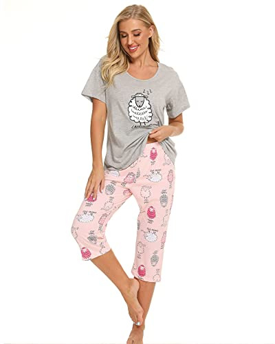 Jecarden Pijama de Dos Piezas para Mujer, Pijama de Verano, camisón de Manga Corta, Ropa de casa, Ropa de Dormir, Parte Superior y Pantalones para Mujer, niño y niña Gris 2 S