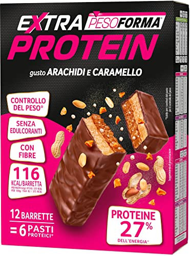 PESOFORMA EXTRA PROTEIN, Barrette Proteiche al Gusto Arachidi e Caramello, Pasto Sostitutivo con Vitamine e Minerali, Per il Controllo del Peso, Confezione da 12 Barrette, 372 g