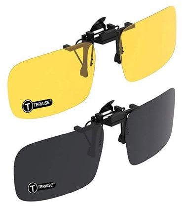TERAISE Clip Su Occhiali Da Sole, 2-Pack/Day + Night Vision Uomo/Donna Occhiali Da Sole Polarizzati Flip-Up UV400(2PCS Nero+Giallo)