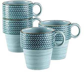 MÄSER Prospero, kaffemuggset med 4 handmålade koppar i gastronomikvalitet, perfekt även som cappuccinokopp, modern vintagestil, blå, 350