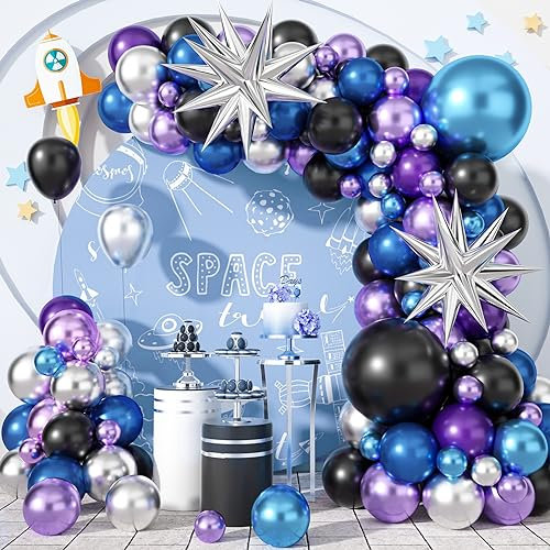 Outer Space Balloon Garland Arch Kit, Galaxy Theme Birthday Party Decorations for Boys, Metallic Chrome Blue Purple Silver Explosion Star Balloon Arch Kit for Kids Baby Shower Party Decor Supplies
