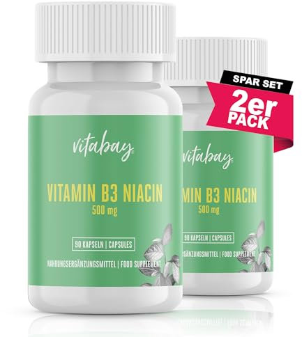 Vitabay Vitamin B3 Niacin 500 mg - 180 Vegane Flush Free Niacinamide Kapseln - Vitamin B3 Hochdosiert Niacinamide - Laborgeprüft & ohne unerwünschte Zusätze