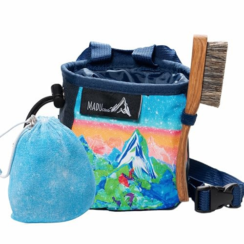 Madu Climb - Sacca per gesso da arrampicata su roccia – Porta gessetti con tasca con cerniera, porta spazzole, fodera in pile e chiusura con coulisse (pacchetto blu)