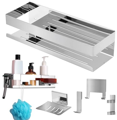 BELLE VOUS Tablette de Douche Suspendue Acier Inoxydable - Etagere Porte Savon et Shampoing - Support Étagère Sans Percage - Panier de Douche 5 en 1 pour Accessoires Salle de Bain