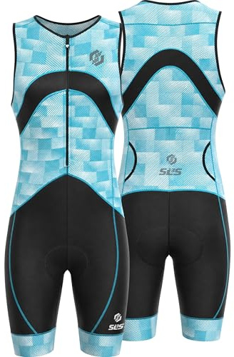 SLS3 Triathlon-Anzüge für Herren – Premium FX Tri-Anzug für Herren, Triathlon-Anzug – ärmelloser Triathlon-Anzug für Herren, große Gesäßtasche (Weißer und blauer Farbverlauf, Medium)