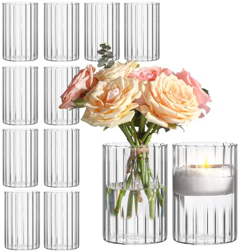 ComSaf Glass Cylinder Vases Pack of 12, Clear Ribbed Bud Vases for Centerpieces Weeding Decoration, 6 inch Tall Clear Flower Vases in Bulk, Hurricane Candle Holder for Party Home Decor