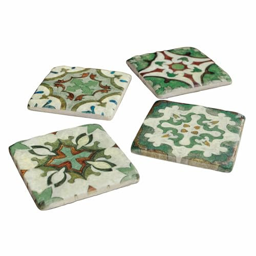 LOBERON Untersetzer 4er Set Angeot, handbemalt, orientalisches Flair, unterschiedliche Designs, rutschfeste Unterseite, Küchenutensilien, Tischaccessoires, Polyresin, Kork, bunt