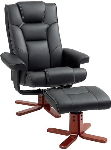 HOMCOM Recliner Chair with Footstool, High Back Reclining Chair, Black | PU Leather Rocker, Wooden Base, Living Room, Bedroom