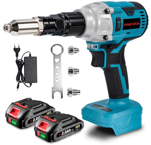 ONEVAN Pinza rivettatrice a batteria, lunghezza 16 mm, 20000N, pinza rivettatrice elettrica senza spazzole, con 2 batterie per rivetti ciechi Ø2,4-5,0 mm