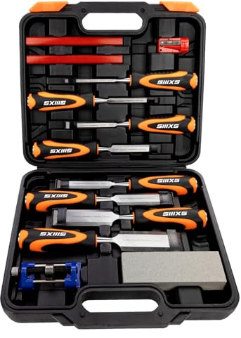SIIIXS 13pcs Professional Wood Chisel Set, 8pcs Woodworking Chisel Set with 1pcs Honing Guide, 1pcs Sharpening Stone and 2pcs Carpenter Pencils