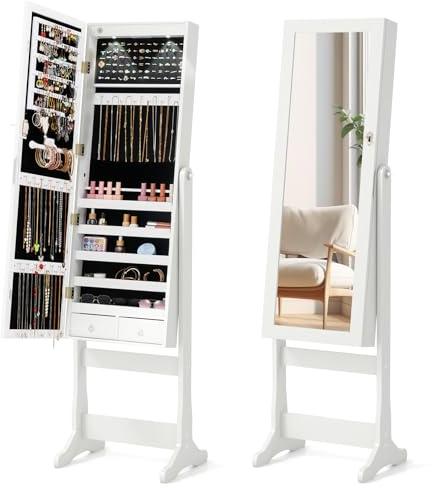 COSTWAY Armoire a Bijoux sur Pied avec Miroir, 2 Lumières LED, 4 Positions Réglables, Armoire de Rangement Cosmétiques Verrouillable, Crochets, Étagères et Tiroirs, 41 x 37 x 146 cm (Blanc)