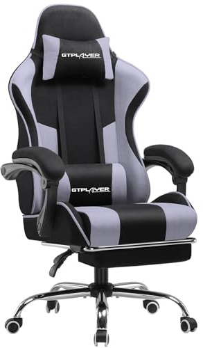 GTPLAYER Fabric Gaming Chair, Massage Ergonomic Computer Chair with Footrest, Lumbar Support, Headrest, Height Adjustable Home Office Reclining PC Racing Chairs, Purple