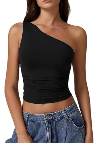 XFSRG Canotta da Donna Senza Maniche Top Elegante Monospalla Nero con Scollo Asimmetrico Estiva Perfetto Slim Fit per Eventi e Feste (L)