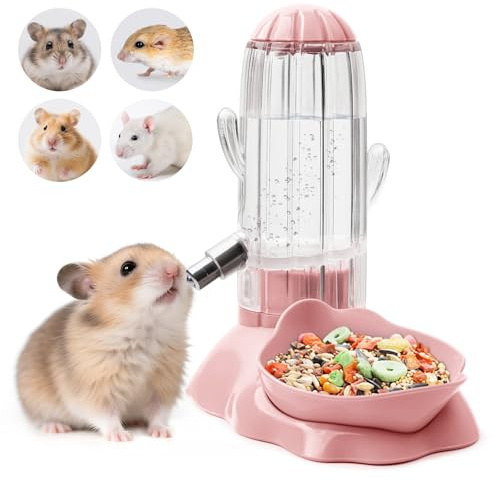 VANNON 2 in 1 Hamster Feeder Small Animal Water Bottle & Food Bowl Water Dispenser & Food Dish Bowl for Hamster, Small Mice, Rat, Gerbil, 4.6oz/130ml, BPA Free, Pink