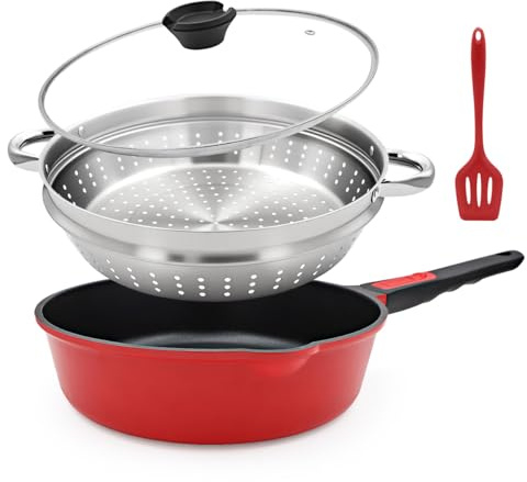 Bobikuke 12-Inch Non Stick Deep Frying Pan Skillet with Steamer, 5 QT Nonstick Saute Pan with Lid & Detachable Handle, Induction Cooking Pan, Compatible with All Cooktops, Oven Safe, PFOA Free, Red