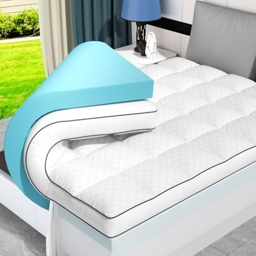 Dual Layer 4 Inch Memory Foam Mattress Topper King Size, 2 Inch Cooling Gel Memory Foam, 2 Inch Soft Pillow Top Pad, Breathable Mattress Cover for Back Pain Relief, Deep Elastic Pocket, White