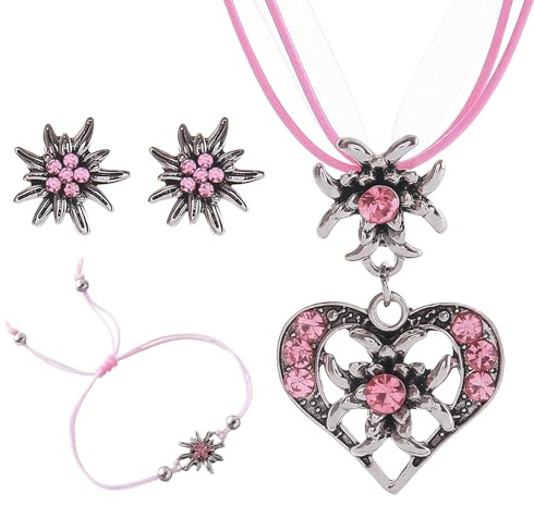 LUMOOM Ensemble de bijoux traditionnels pour femme avec collier edelweiss et boucles d'oreilles - Collier bavarois pour femme - Fête de la bière - Costume traditionnel Dirndl (rose)