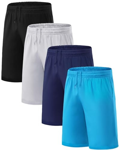 Orrfreer 4 Pack Boys Shorts Kids Sport Summer Football Lightweight School PE Shorts with Internal Drawstring Elastic Waist Black/Grey/Dark Blue/Blue L
