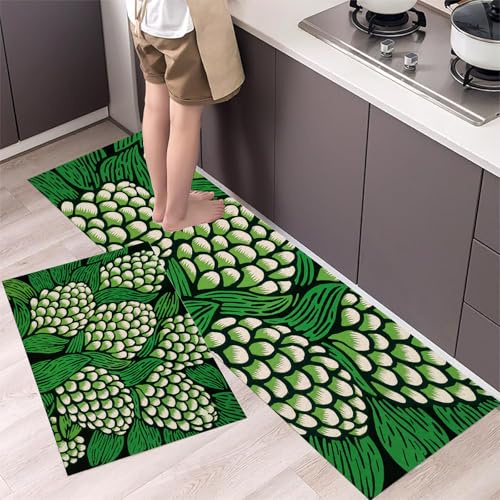 2-Piece Kitchen Runner Rug Set Linoleum Prints Washable Non-Slip Floor Mat, Cauliflower Pattern Soft Stain Resistant Carpet for Sink Cooking Area,for High Traffic Area(16X24+16X47,Sage Green)