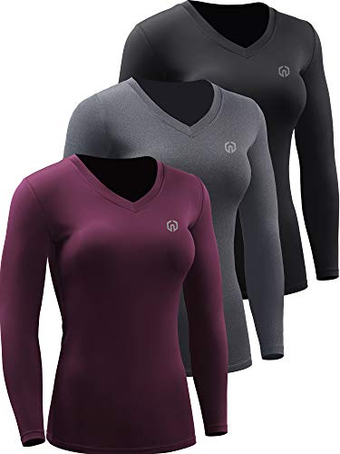 NELEUS Women's 3 Pack Compression Shirts Long Sleeve Yoga Athletic Running Shirts,V-Neck,Black/Grey/Red,M