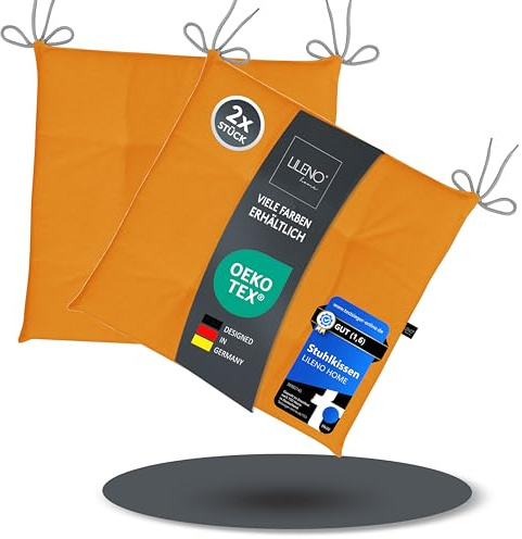 LILENO HOME 2er Set Stuhlkissen Helles Orange (40x40x4,5 cm) - Sitzkissen für Gartenstuhl, Küche oder Esszimmerstuhl - UV-beständige Indoor u. Outdoor Stuhlauflage als Stuhl Kissen (Laura FUM)
