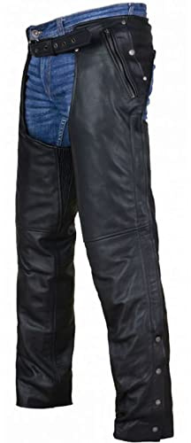 Dream Apparel Black Leather Motorcycle Riding Chaps for Men and Women W/Removable Liner and Four Deep Pockets, Cowboy Biker Chaps Pants (Size XL)