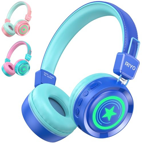 riyo Cascos Inalambricos Bluetooth Niña, Auriculares Inalambricos Niños con LED Diadema MAX Volumen 94dB Estéreo Auriculares Infantiles Plegable para Escuela/Viaje/Tableta/PC