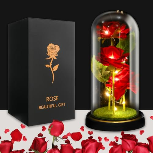 JUSTOYOU Rosen-Geschenke für Frauen, Mütter, Ehefrau, bunte künstliche Rosen, Geschenk für Frauen, für immer in Glaskuppel, Regenbogen-Rose für Geburtstag, Weihnachten, Muttertag, Dekorationen (3 rote