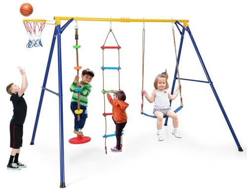 COSTWAY 4-in-1 Kids Swing Set, Metal Swing Stand with Double Swings, Basketball Hoop, Climbing Ladder, Children Backyard Playground Equipment for Garden Yard