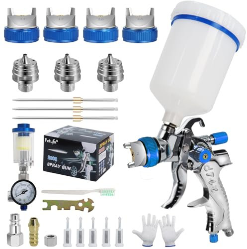 Potufa HVLP - Pistola pulverizadora con 4 boquillas - 1,4 mm, 1,7 mm, 2,0 mm y 2,5 mm, pistola de pulverización profesional de aire comprimido por gravedad con vaso de plástico de 600 ml (azul)