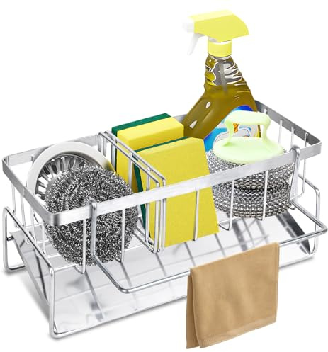 TOKPLNU Organizador de fregadero de cocina con particiones extraíbles y soporte para paños de cocina, soporte de esponja de acero inoxidable para estante de almacenamiento de cocina, organizador de