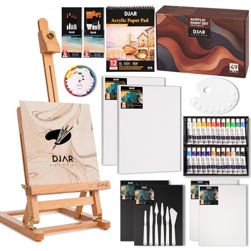 DJAR 49 pcs Acrylic Art Set with 25 Art Easel, Adjustable Beech Wood Tabletop Wooden Easel for Painting, Painting Supplies with 24 Acrylic Paints, Canvas Panels, Palette for Teens, Adults, Students