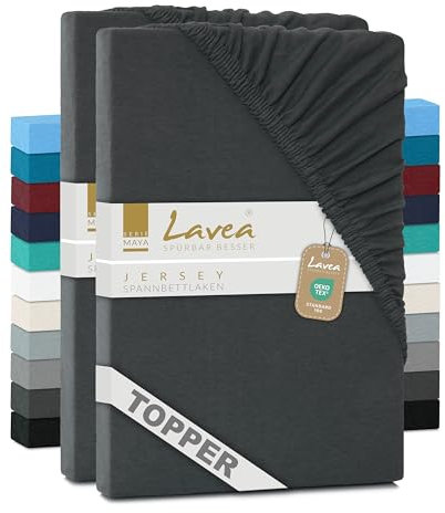 2er Set Lavea Topper Spannbettlaken - Spannbetttuch Jersey Topper Serie Maya, 200x220cm, Anthrazit, 100% Baumwolle, hochwertige Verarbeitung, mit Gummizug