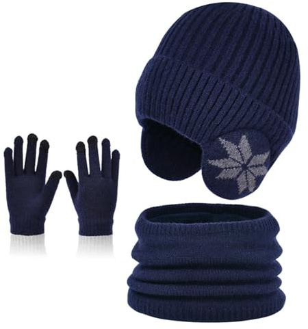 MAZELIKEHOOD Hatt halsduk babyhandskar 3-delat set vinter pojkar varm huva med öronmuffar halsduk och snöhandskar julklapp för barn 4–10 år, Marinblå, one size