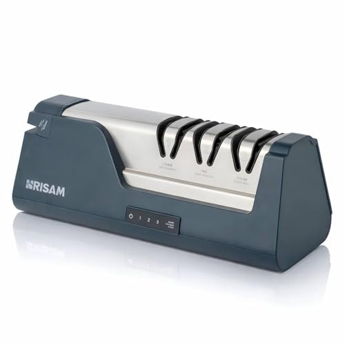 RISAM kitchen Messerschärfer elektrisch – 3 (+1)-Stufen Schleifsystem – Messer schärfen für Küchenmesser & Keramikmesser – Winkelhilfe – Profi Messerschleifer elektrisch