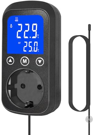 KETOTEK KT2000 Controlador de Temperatura Digital con Sonda Impermeable – Termostato de Enchufe para Calefacción y Refrigeración – para Reptiles, Acuario, Terrario, Invernadero