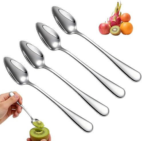 4 cucharas de pomelo, cuchara de pomelo de acero inoxidable, juego de utensilios de frutas, cuchara de kiwi, cuchara de pomelo de acero inoxidable con dientes, cuchara de fruta con filo ondulado para