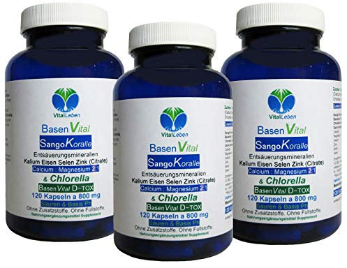 BasenVital Säure-Basen-pH-Balance - BASENPULVER 360 (3x120) Kapseln - Sango + Calcium + Magnesium + Eisen + Kalium + Selen organische CITRATE & CHLORELLA - OHNE Zusatzstoffe. 26755-3