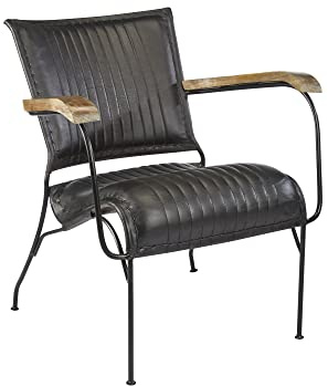 Elm home and garden Black Real Leather Retro Arm Chair Reading 74cm h x 66cm w x 69 d (Black)