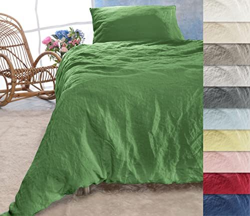 Set di biancheria da letto in lino Sintra 100% lino portoghese, 2 pezzi, copripiumino e federa (2 pezzi 155 x 220 cm + 40 x 80 cm, verde mela)