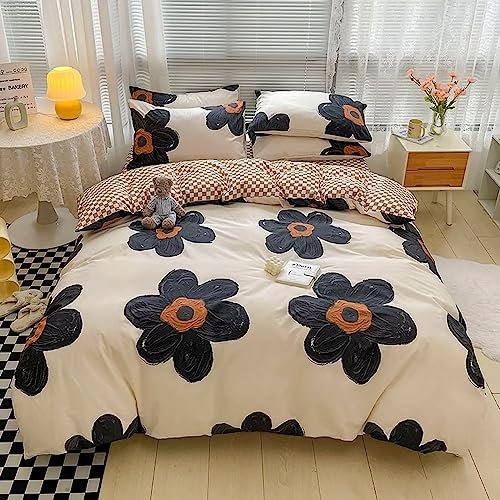 Houseri Svart blommig påslakanset tvilling, beige 3D blommiga sängkläder sängkläder set dubbel storlek för småbarn, flickor, Kawaii blommor, täcke, söt relieftryck, sängkläder beige vit blomma