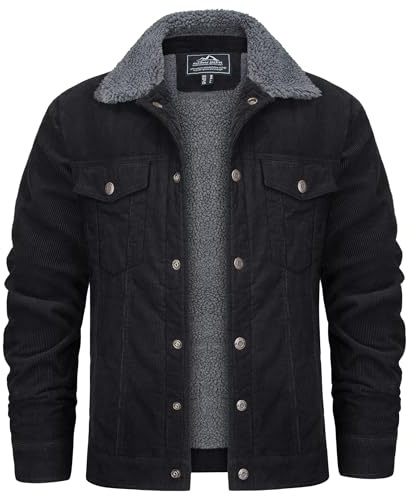 KEFITEVD Mens Corduroy Jacket Lapel Collar Sherpa Fleece Lined Coat Winter Warm Military Jackets Windbreaker with Pockets,Black,M