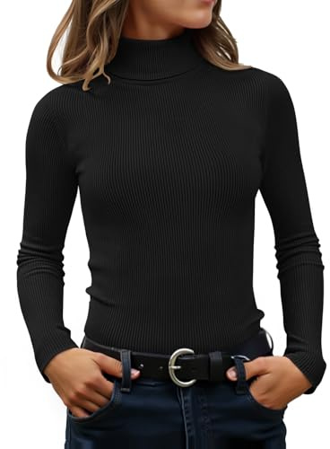 ZESICA Women's Turtleneck Long Sleeve Shirts 2026 Spring Trendy Tops Slim Fitted Ribbed Knit Basic Casual Sweater Black Small