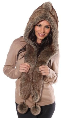 Polar Expo Womens Faux Fur Hooded Scarf With Pom Poms Luxury Satin Lined Thick Winter Warm Fashion Ski Outdoors (Brown)