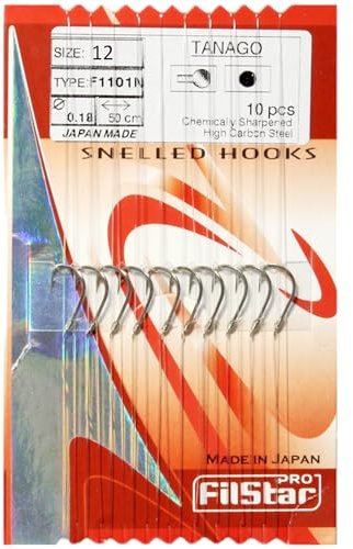 PRO FILSTAR Angelhaken Set mit Vorfach 10 Stück, Größe 12, Mono Angelschnur 50cm, Dia 0,12mm - Schleien & Weißfische Gebundene Haken - Fishing Hook - Vorfachschnur - Monofiler Vorfächer - Sport Set