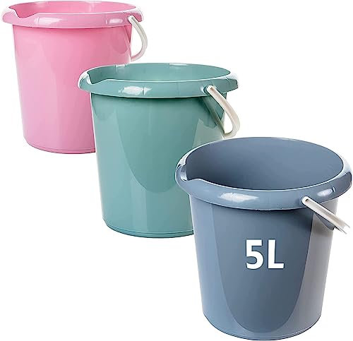 Sustania Lot de 3 seaux de nettoyage de 5 l - En plastique robuste - Avec bec verseur et échelle de mesure - Convient à un usage alimentaire - Modèle Teo - Fabriqué en UE
